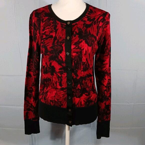 Anne Klein Cardigan Women's M Red Floral Snap Front Long Sleeve Sweater - Picture 1 of 9